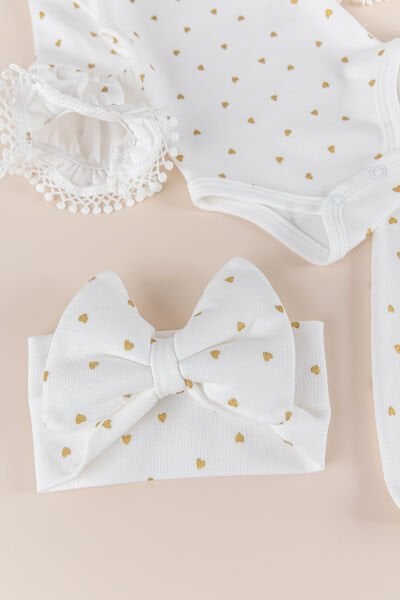 Yaldızlı Kalp Desenli Bandanalı 3'lü Kız Bebek Takım