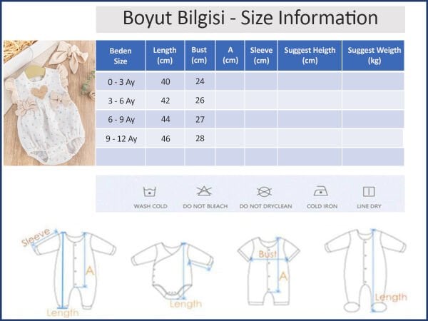Kalp Nakışlı Fiyonklu Bandanalı Yazlık Kız Bebek Tulum BEJ -  6-9 AY