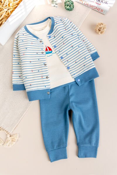Balık Desenli 3'lü 100% Pamuk Erkek Bebek Takım Set MAVİ -  6-9 AY
