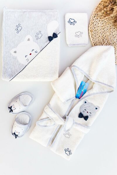 Kedi Figürlü Bebek Banyo Havlu Bornoz Seti