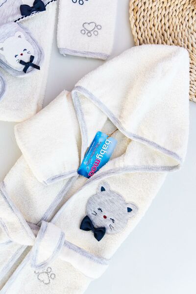 Kedi Figürlü Bebek Banyo Havlu Bornoz Seti