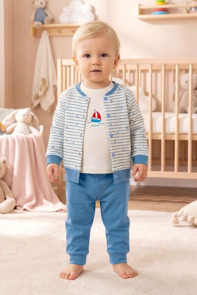 Balık Desenli 3'lü 100% Pamuk Erkek Bebek Takım Set MAVİ -  9-12 AY