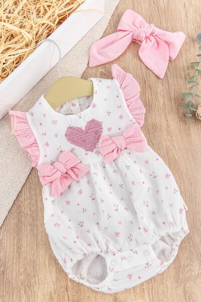 Kalp Nakışlı Fiyonklu Bandanalı Yazlık Kız Bebek Tulum 0-3 AY - PEMBE