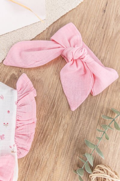 Kalp Nakışlı Fiyonklu Bandanalı Yazlık Kız Bebek Tulum 0-3 AY - PEMBE