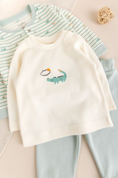 Balık Desenli 3'lü 100% Pamuk Erkek Bebek Takım Set YEŞİL -  0-3 AY