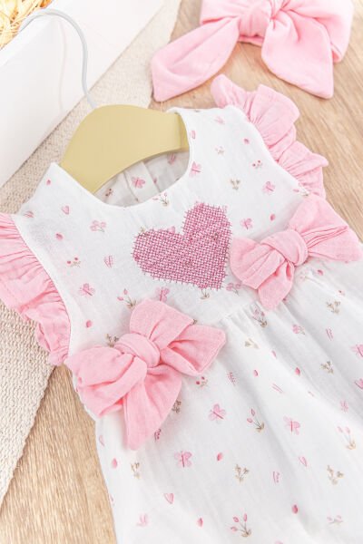 Kalp Nakışlı Fiyonklu Bandanalı Yazlık Kız Bebek Tulum PEMBE - 3-6 AY