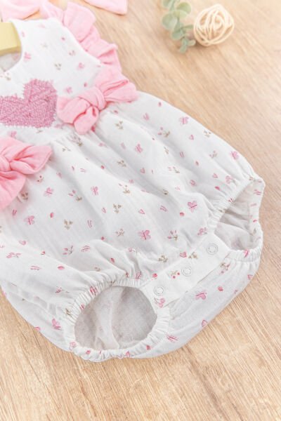Kalp Nakışlı Fiyonklu Bandanalı Yazlık Kız Bebek Tulum PEMBE - 3-6 AY