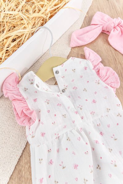 Kalp Nakışlı Fiyonklu Bandanalı Yazlık Kız Bebek Tulum PEMBE -  6-9 AY