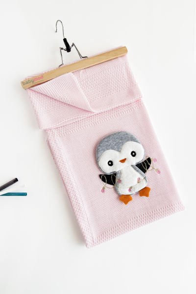 Triko Bebek Battaniye Penguen PEMBE -  Tek Ebat