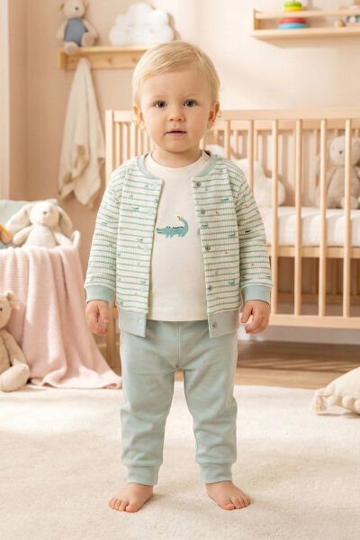 Balık Desenli 3'lü 100% Pamuk Erkek Bebek Takım Set YEŞİL -  6-9 AY