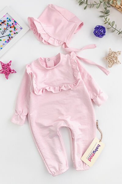 Yakası Fırfırlı Şapkalı Kız Bebek Tulum Takım PEMBE -  9-12 AY