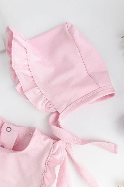 Yakası Fırfırlı Şapkalı Kız Bebek Tulum Takım PEMBE -  9-12 AY