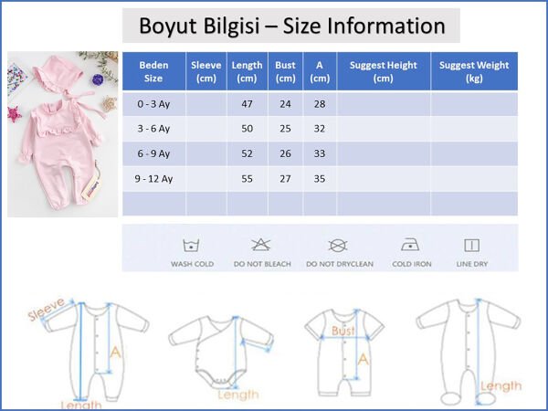 Yakası Fırfırlı Şapkalı Kız Bebek Tulum Takım PEMBE -  9-12 AY