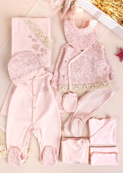 Çiçekli Zarif Dantelli 10 Parça 100% Pamuk Kız Bebek Hastane Çıkışı  Yeni Doğan Set