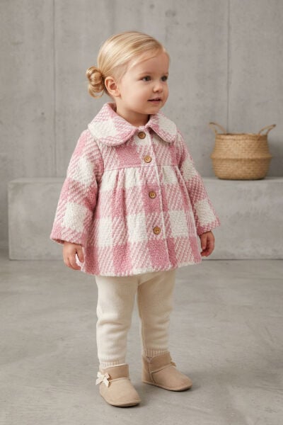 Ekose Desenli Pembe Peluş Astarlı Kız Çocuk Mont