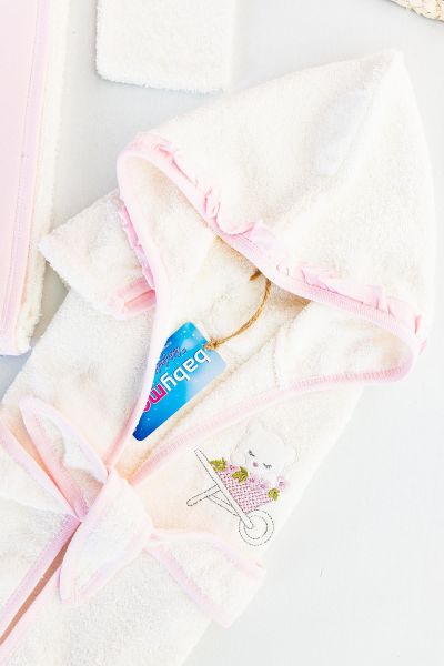 Çiçek İşlemeli Kız Bebek Banyo Havlu Bornoz Seti