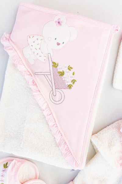 Çiçek İşlemeli Kız Bebek Banyo Havlu Bornoz Seti