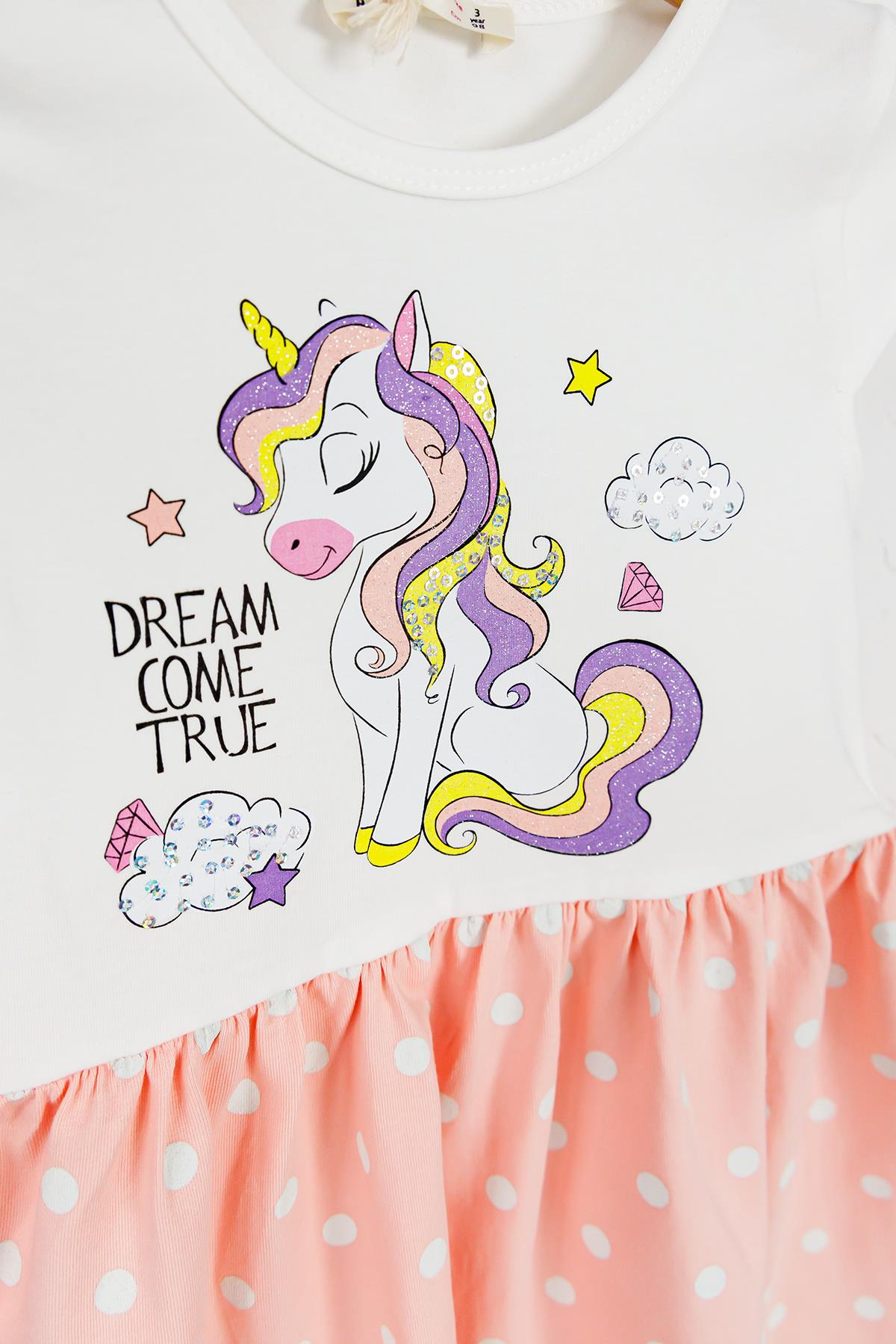 Unicorn Desenli Penye Yazlık Çocuk Elbise