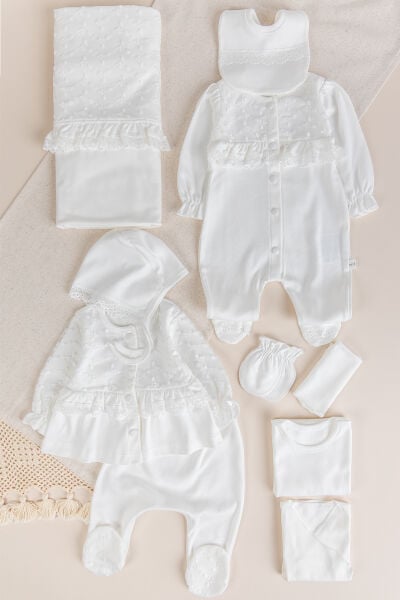 Güpürlü 100% Pamuk 10'lu Premium Kalite Natural Kız Bebek Hastane Çıkışı Yeni Doğan Set