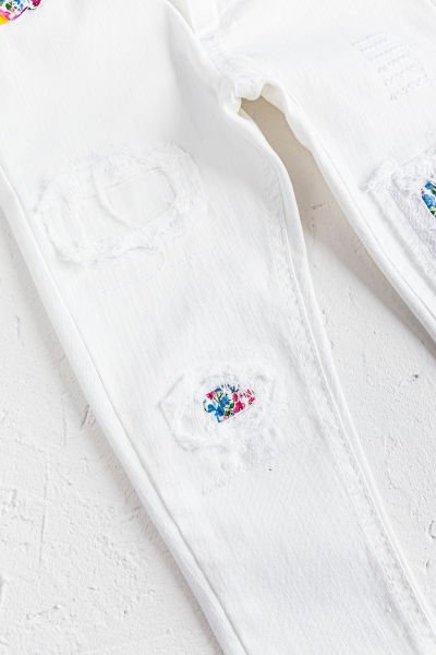 Çiçek Desenli Beyaz Kız Çocuk Denim Kot Pantolon