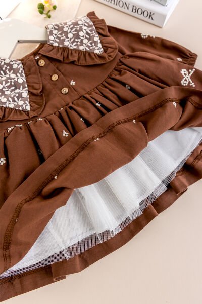 Nakışlı Yaka Detaylı Şık Kız Bebek Elbise Kahverengi