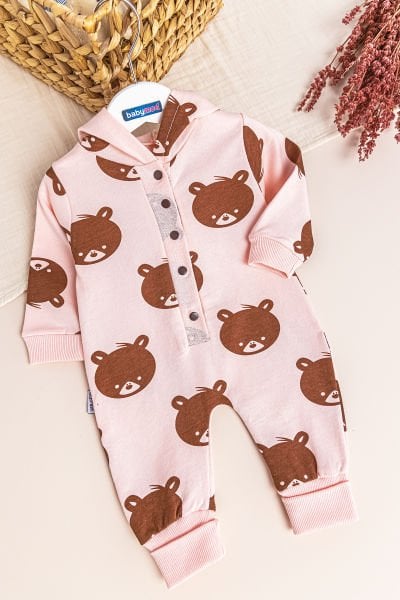 Ayıcık Desenli Kapüşonlu Kız Bebek Tulum