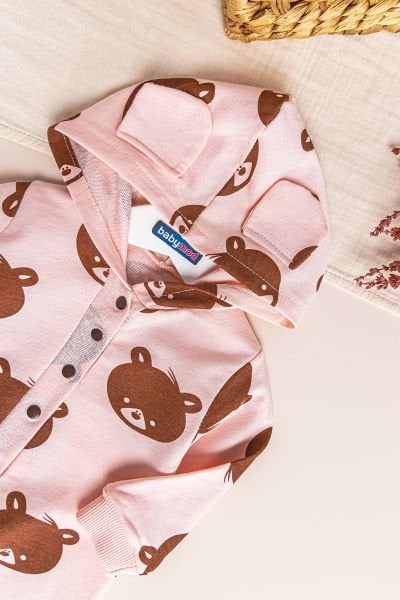 Ayıcık Desenli Kapüşonlu Kız Bebek Tulum