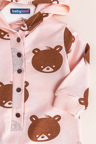 Ayıcık Desenli Kapüşonlu Kız Bebek Tulum