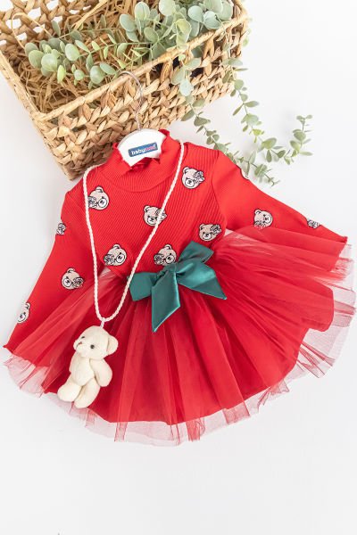 Oyuncaklı Ayıcık İşlemeli Bebek Elbise