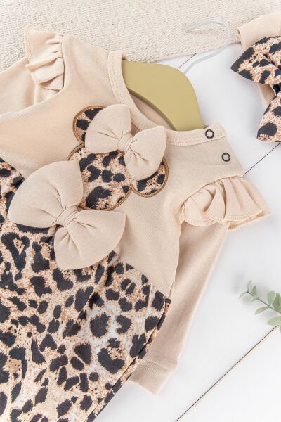 Leopar Desenli Fiyonklu Bandanalı Kız Bebek Tulum