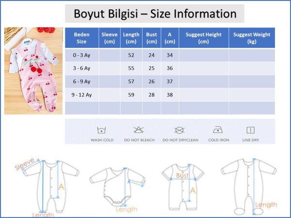 Kiraz Desenli Fiyonklu Kız Bebek Tulum Salopet Tulum