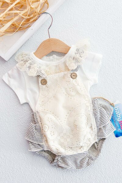 Güpürlü Askılı İkili Kız Bebek Body Tulum Salopet Takım