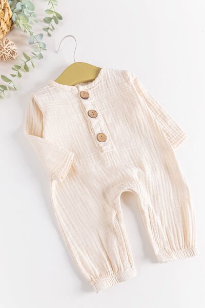 Yakası Düğmeli Müslin Erkek Bebek Tulum KREM -  6-9 AY