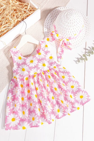 Papatya Desenli Şapkalı Kız Bebek Yazlık Elbise PEMBE -  6-9 AY