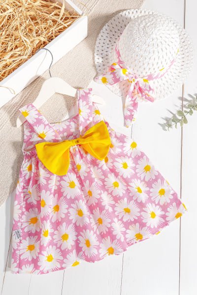 Papatya Desenli Şapkalı Kız Bebek Yazlık Elbise PEMBE -  9-12 AY