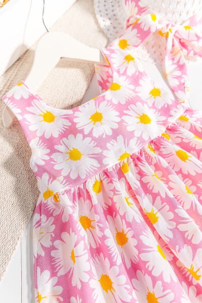 Papatya Desenli Şapkalı Kız Bebek Yazlık Elbise PEMBE -  12-18 AY