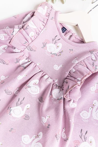 Kuğu Desenli Fırfırlı Kız Bebek Elbise