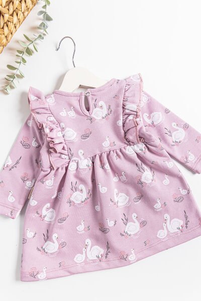 Kuğu Desenli Fırfırlı Kız Bebek Elbise