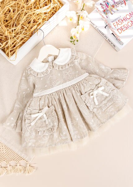 Bebe Yaka Çep Detaylı Şık Özel Gün Kız Bebek Elbise