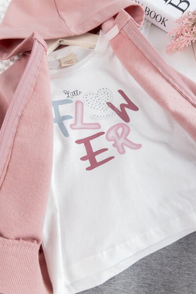 Çiçek Motifli Kapüşonlu Hırkalı 3'lü Kız Çocuk Takım