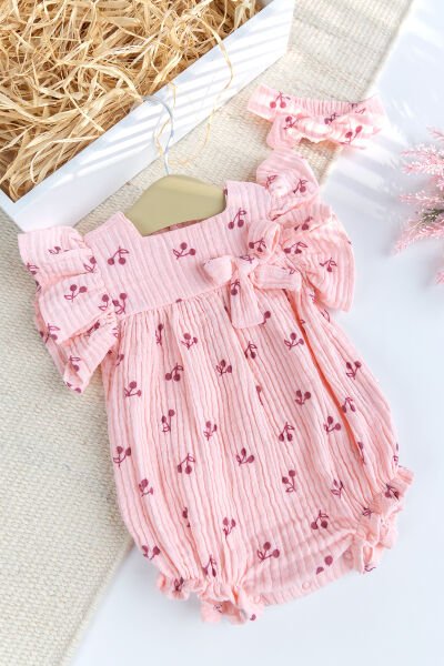 Müslin Kiraz Desenli 100% Pamuk Yazlık Kız Bebek Tulum