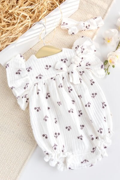 Müslin Kiraz Desenli 100% Pamuk Yazlık Kız Bebek Tulum