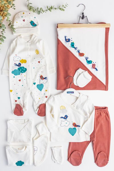 Natural Kuş Baskılı 10 Parça Kız Bebek Hastane Çıkışı Bebek Seti