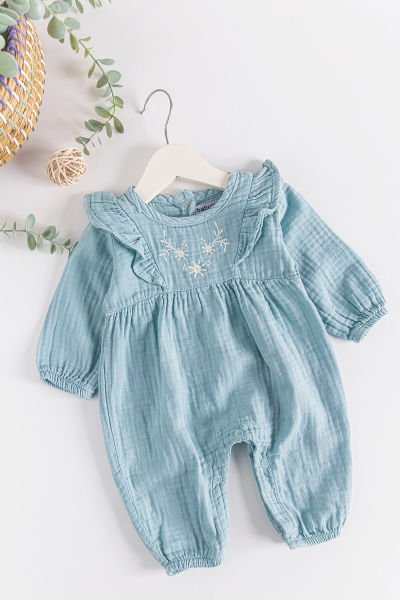 Fırfırlı Nakış İşlemeli Müslin Kız Bebek Tulum SU YEŞİLİ -  6-9 AY