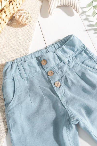 Düğmeli Beli Lastikli Erkek Bebek Keten Pantolon TURKUAZ - 18-24 AY