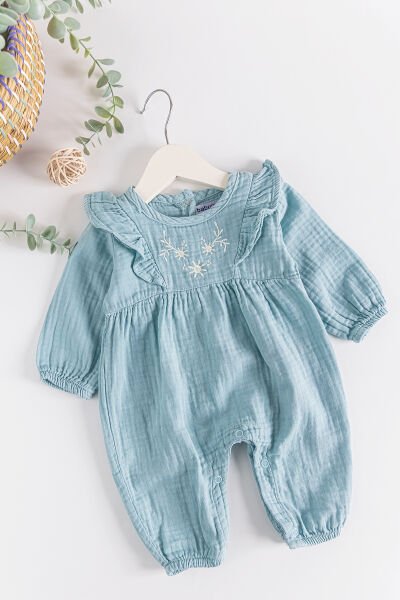 Fırfırlı Nakış İşlemeli Müslin Kız Bebek Tulum SU YEŞİLİ -  9-12 AY