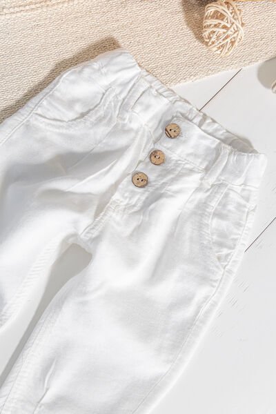 Düğmeli Beli Lastikli Erkek Bebek Keten Pantolon BEYAZ -  6-9 AY