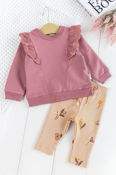 Fırfırlı Çiçek Desenli 2'li Kız Bebek Takım Alt Üst Bebek Takım