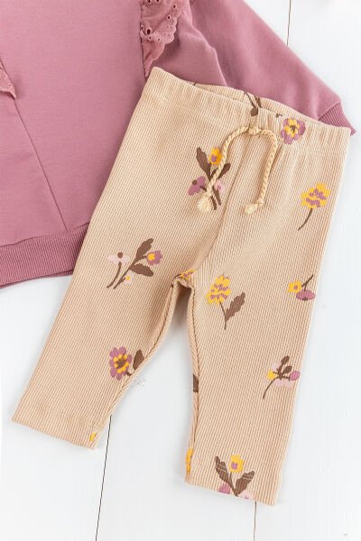 Fırfırlı Çiçek Desenli 2'li Kız Bebek Takım Alt Üst Bebek Takım