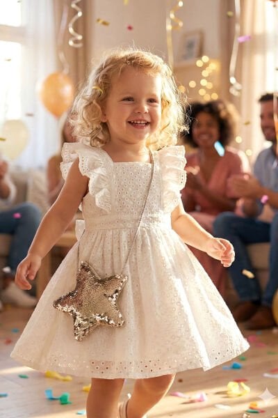 Çantalı Fiyonklu 100% Pamuk Şık Özelgün  Kız Çocuk Elbise Krem